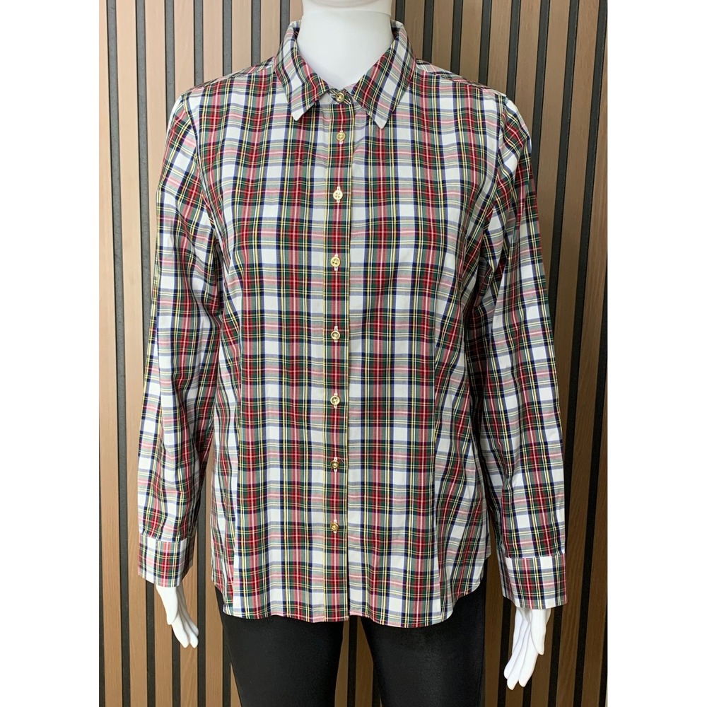Talbots Petite Plaid Non-Iron Shirt 10P Gold Metallic Button Down Multi Color